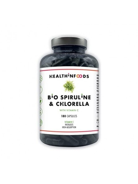 Espirulina y Chlorella con vitamina C. 180 cápsulas