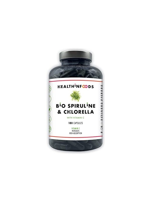 Espirulina y Chlorella con vitamina C. 180 cápsulas